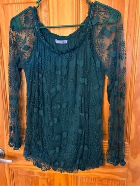 Alice Rinaldi Vintage Teal Floral Lace Long-Sleeve Top